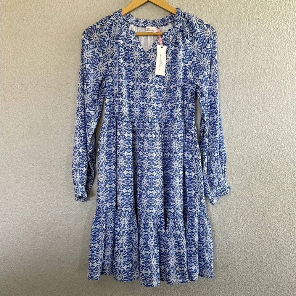 NWT Vineyard Vines Girl's Tessa Tiered Dress Size Large(16) Carribean Tile Blue
